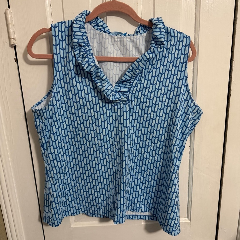 J. McLaughlin Sleeveless Ruffle Blouse Blue Geometric Print XL
